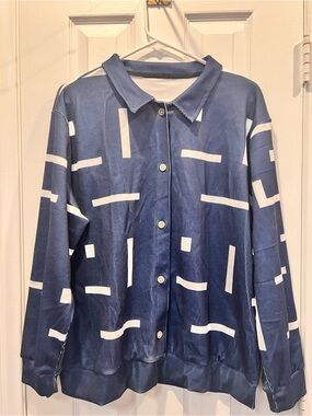 OUFISUN Navy Blue White Geometric Abstract Button Down Long Sleeve Blouse Size L